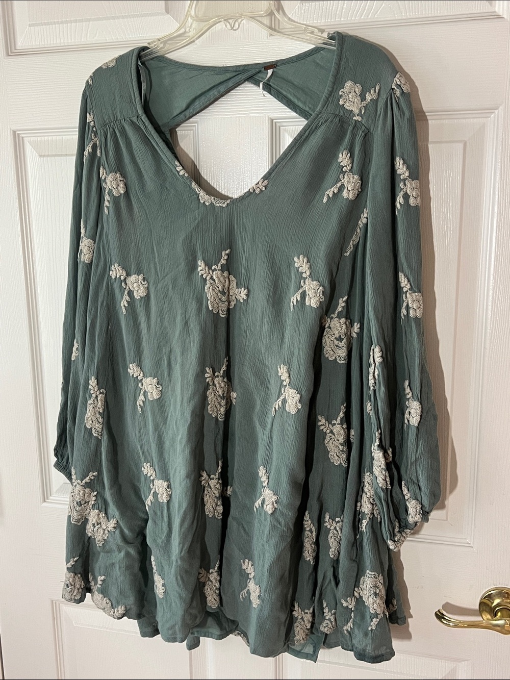 Free People Emma Austin Floral Embroidered V-Neck Tunic Dress Sage Green, Sz L